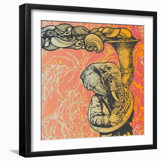 Elephant Trumpet on Abstract Floral Background. Retro Style. Vector Illustration.-jumpingsack-Framed Art Print