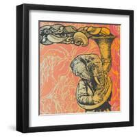 Elephant Trumpet on Abstract Floral Background. Retro Style. Vector Illustration.-jumpingsack-Framed Art Print