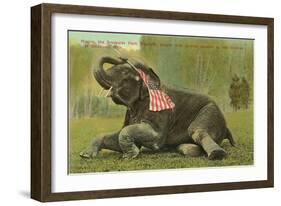 Elephant with Flag, Zoo in Cleveland, Ohio-null-Framed Art Print