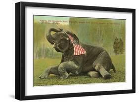 Elephant with Flag, Zoo in Cleveland, Ohio-null-Framed Art Print