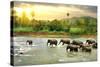 Elephants in River-Givaga-Stretched Canvas