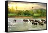 Elephants in River-Givaga-Framed Stretched Canvas