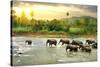 Elephants in River-Givaga-Stretched Canvas