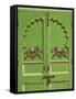 Elephants painted on green door, City Palace, Udaipur, India-Adam Jones-Framed Stretched Canvas