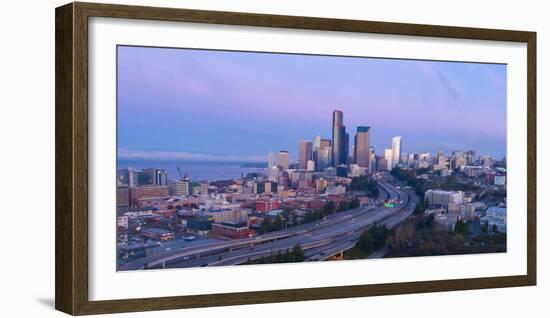 Elevated downtown roads at dusk with skyscrapers in background, Seattle, Washington, USA-Panoramic Images-Framed Photographic Print