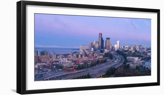 Elevated downtown roads at dusk with skyscrapers in background, Seattle, Washington, USA-Panoramic Images-Framed Photographic Print