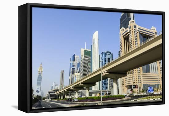Elevated Metro Track on Sheikh Zayed Road, Dubai, United Arab Emirates, Middle East-Amanda Hall-Framed Stretched Canvas