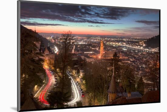Elevated Nightly View of Heidelberg Altstadt (Old Town) with Spires and Light Trails-Andreas Brandl-Mounted Photographic Print