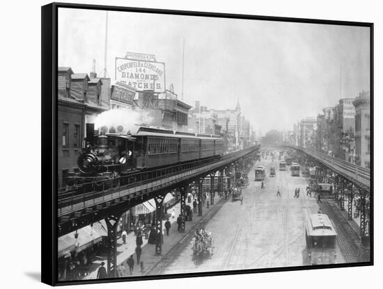 Elevated Trains in Manhattan's Bowery-null-Framed Stretched Canvas