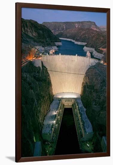 Elevated view at dusk of Hoover Dam (formerly Boulder dam) and Lake Mead is in the Black Canyon...-null-Framed Photographic Print