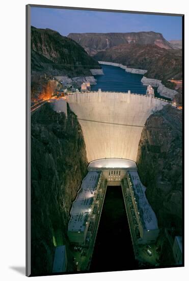 Elevated view at dusk of Hoover Dam (formerly Boulder dam) and Lake Mead is in the Black Canyon...-null-Mounted Photographic Print