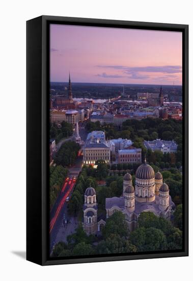 Elevated View at Dusk over Old Town, UNESCO World Heritage Site, Riga, Latvia, Europe-Doug Pearson-Framed Stretched Canvas
