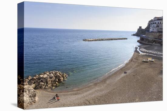 Elevated View of Atrani Beach with Family and Fishing Boats-Eleanor Scriven-Stretched Canvas