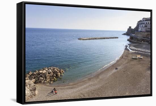 Elevated View of Atrani Beach with Family and Fishing Boats-Eleanor Scriven-Framed Stretched Canvas