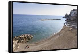 Elevated View of Atrani Beach with Family and Fishing Boats-Eleanor Scriven-Framed Stretched Canvas