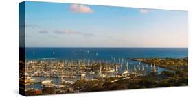 Elevated view of boats at a harbor, Honolulu, Oahu, Hawaii, USA-null-Stretched Canvas