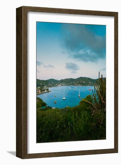 Elevated view of boats in Caribbean sea, Hamilton Battery, Port Elizabeth, Bequia, Saint Vincent...-null-Framed Photographic Print