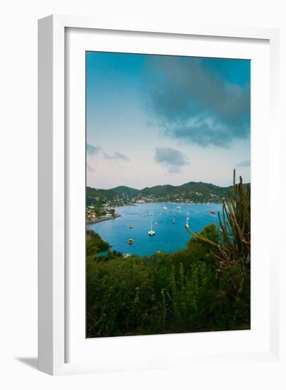 Elevated view of boats in Caribbean sea, Hamilton Battery, Port Elizabeth, Bequia, Saint Vincent...-null-Framed Photographic Print