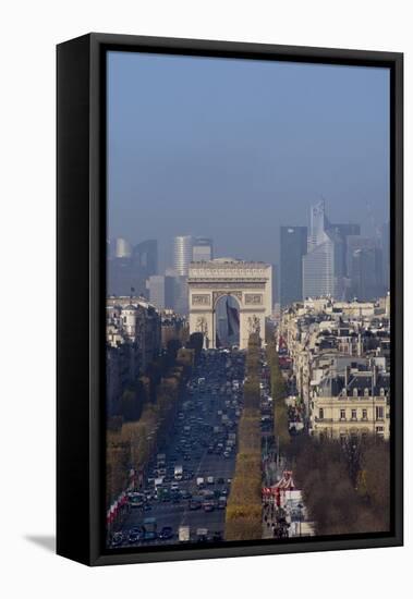 Elevated View of Champs Elysees, Arc De Triomphe and La Defense, Paris, France, Europe-Charles Bowman-Framed Stretched Canvas