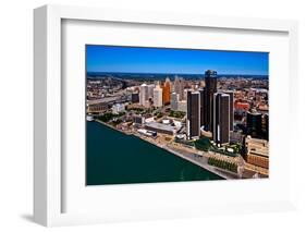 Elevated view of Detroit skyline at waterfront, Wayne County, Michigan, USA-null-Framed Photographic Print