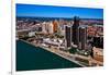 Elevated view of Detroit skyline at waterfront, Wayne County, Michigan, USA-null-Framed Photographic Print