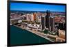 Elevated view of Detroit skyline at waterfront, Wayne County, Michigan, USA-null-Framed Photographic Print