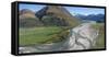 Elevated view of river passing through mountains, Matukituki River, Lake Waneka, Mount Aspiring...-null-Framed Stretched Canvas