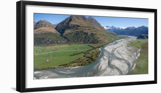 Elevated view of river passing through mountains, Matukituki River, Lake Waneka, Mount Aspiring...-null-Framed Photographic Print