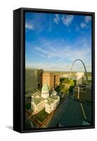 Elevated view of Saint Louis Historical Old Courthouse and Gateway Arch on Mississippi River, St...-null-Framed Stretched Canvas