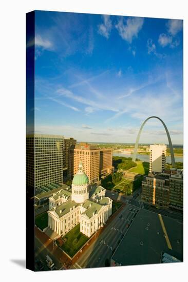 Elevated view of Saint Louis Historical Old Courthouse and Gateway Arch on Mississippi River, St...-null-Stretched Canvas