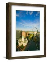 Elevated view of Saint Louis Historical Old Courthouse and Gateway Arch on Mississippi River, St...-null-Framed Photographic Print