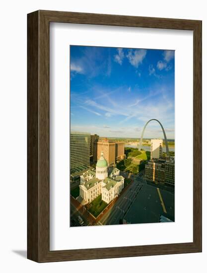 Elevated view of Saint Louis Historical Old Courthouse and Gateway Arch on Mississippi River, St...-null-Framed Photographic Print