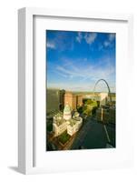 Elevated view of Saint Louis Historical Old Courthouse and Gateway Arch on Mississippi River, St...-null-Framed Photographic Print