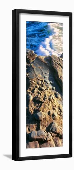 Elevated view of sandstone nodules and breaking wave, La Jolla, San Diego, California, USA-null-Framed Photographic Print