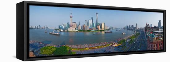 Elevated View of Skylines, Oriental Pearl Tower, the Bund, Pudong, Huangpu River, Shanghai, China-null-Framed Stretched Canvas