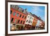 Elevated View of storefronts on Market Street, Portsmouth, New Hampshire, Main Street USA-null-Framed Photographic Print