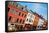 Elevated View of storefronts on Market Street, Portsmouth, New Hampshire, Main Street USA-null-Framed Stretched Canvas