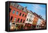 Elevated View of storefronts on Market Street, Portsmouth, New Hampshire, Main Street USA-null-Framed Stretched Canvas