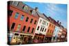 Elevated View of storefronts on Market Street, Portsmouth, New Hampshire, Main Street USA-null-Stretched Canvas