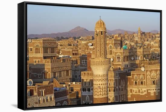 Elevated View of the Old City of Sanaa, UNESCO World Heritage Site, Yemen, Middle East-Bruno Morandi-Framed Stretched Canvas