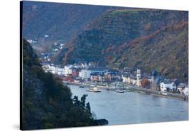 Elevated view of town along Rhine River, Sankt Goarshausen, Rhineland-Palatinate, Germany-null-Stretched Canvas