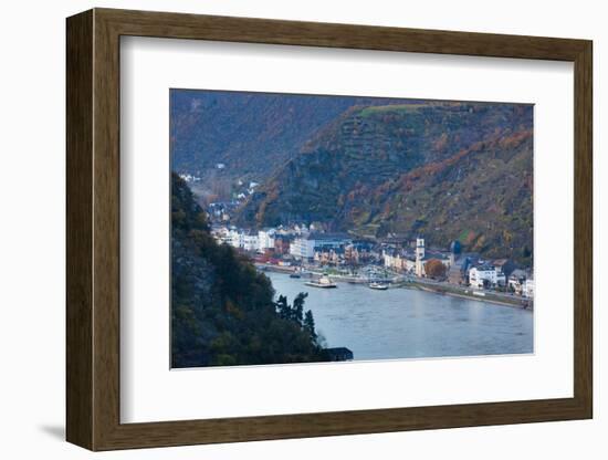 Elevated view of town along Rhine River, Sankt Goarshausen, Rhineland-Palatinate, Germany-null-Framed Photographic Print