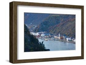 Elevated view of town along Rhine River, Sankt Goarshausen, Rhineland-Palatinate, Germany-null-Framed Photographic Print