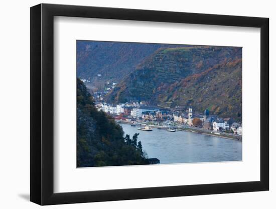 Elevated view of town along Rhine River, Sankt Goarshausen, Rhineland-Palatinate, Germany-null-Framed Photographic Print