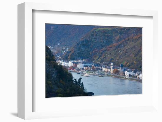 Elevated view of town along Rhine River, Sankt Goarshausen, Rhineland-Palatinate, Germany-null-Framed Photographic Print