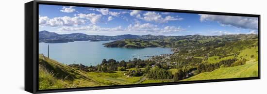 Elevated View over Akaroa, Banks Peninsular, Canterbury, South Island, New Zealand-Doug Pearson-Framed Stretched Canvas