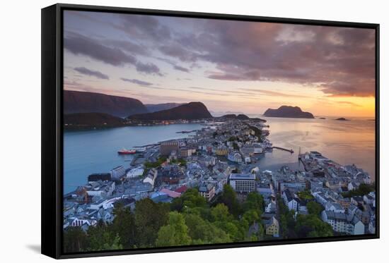 Elevated View over Alesund Illuminated at Sunset-Doug Pearson-Framed Stretched Canvas