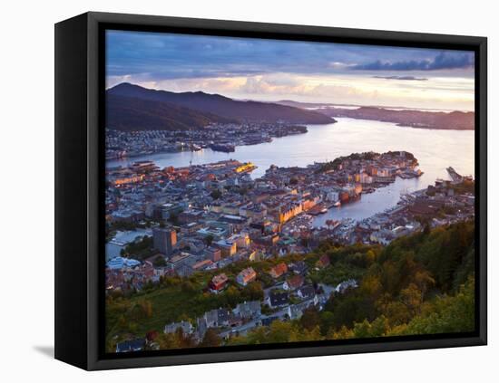 Elevated View over Central Bergen Illuminated at Sunset, Bergen, Hordaland, Norway-Doug Pearson-Framed Stretched Canvas