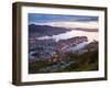 Elevated View over Central Bergen Illuminated at Sunset, Bergen, Hordaland, Norway-Doug Pearson-Framed Premium Photographic Print