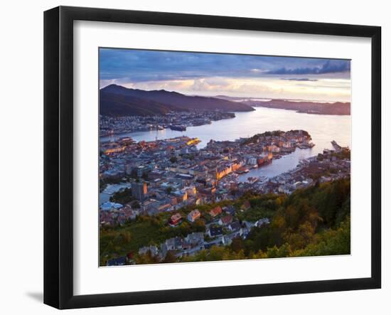 Elevated View over Central Bergen Illuminated at Sunset, Bergen, Hordaland, Norway-Doug Pearson-Framed Premium Photographic Print